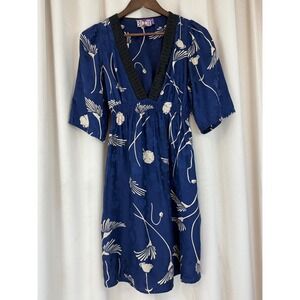 Yumi Kim Navy Floral Silk Kimono Sleeve Dress – Size M